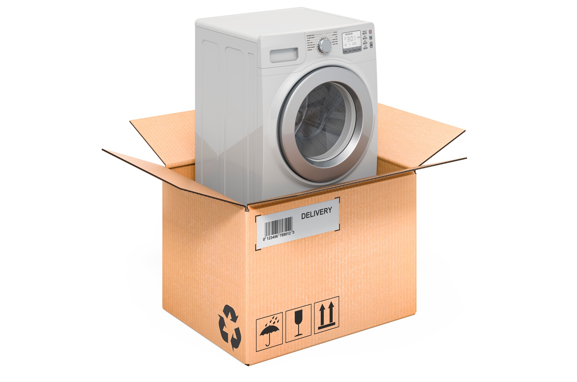 Machine à laver à l’intérieur de la boîte en carton, concept de livraison. Rendu 3D isolé sur fond blanc